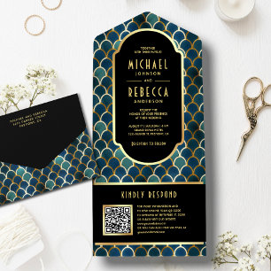 Invitation Tout En Un Retro Blue Gold Scales Art Déco QR Code Mariage