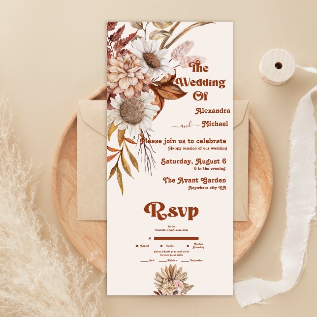 Invitation Tout En Un Retro Boho Terre Cuite Orange Brûlé Mariage (Créateur téléchargé)