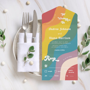 Invitation Tout En Un Retro les années 70 Rainbow Waves Mariage Gay prid