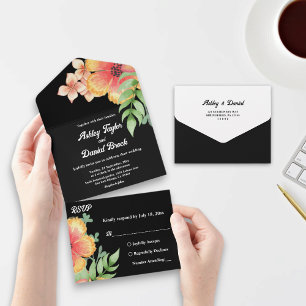 Invitation Tout En Un Romantic Chic Fleur sauvage Black Floral Mariage