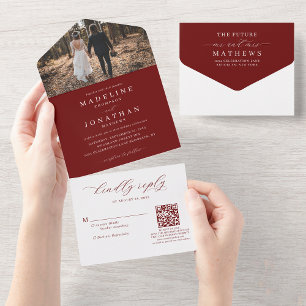 Invitation Tout En Un Romantic Elegant Bourgogne Photo QR Code Mariage