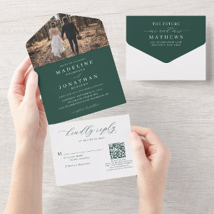 Invitation Tout En Un Romantic Elegant Green Photo QR Code Mariage