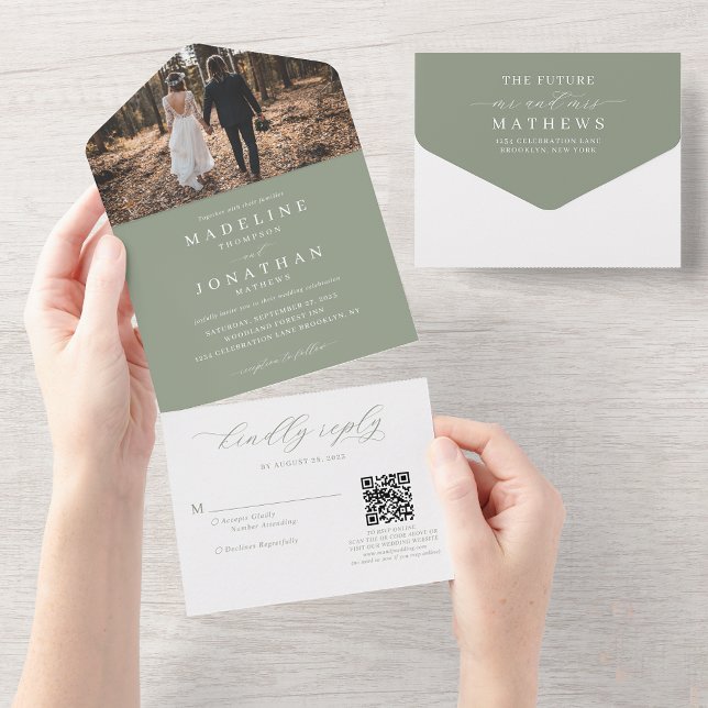 Invitation Tout En Un Romantic Elegant Sage Green Photo QR Code Mariage (Créateur téléchargé)