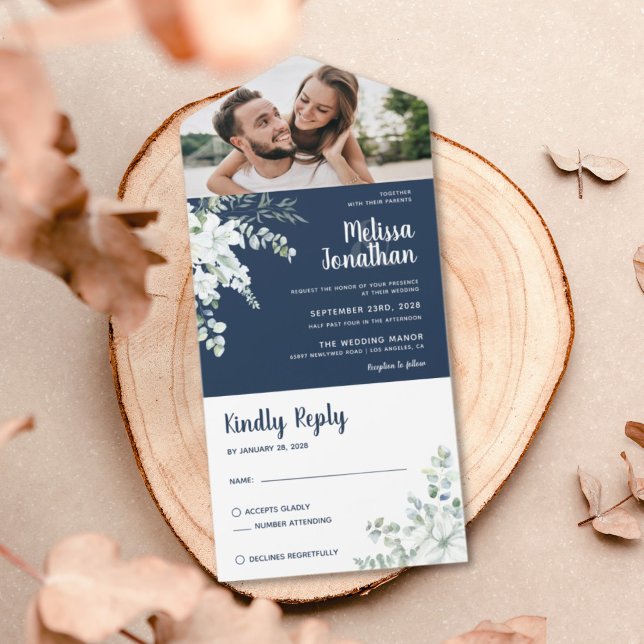 Invitation Tout En Un Romantique blanc fleur douce bleu mariage photo (Créateur téléchargé)