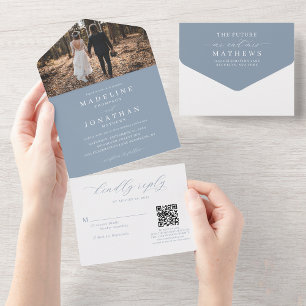 Invitation Tout En Un Romantique Elegant Dusty Blue Photo QR Code Mariag