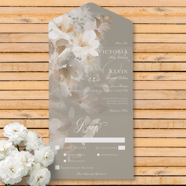 Invitation Tout En Un Romantique Ethéal Neutre Beige Floral Dîner (Romantic Ethereal Neutral Beige Floral Dinner All In One Invitation)