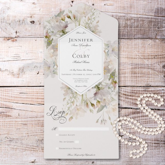 Invitation Tout En Un Romantique Fleurs Blanches & Roses Atténuées Pas d (Romantic Muted White & Pink Floral No Dinner All In One Invitation)