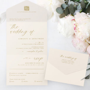Invitation Tout En Un Romantique Gold Ivory Delicate Mariage de script