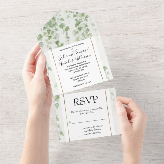 Invitation Tout En Un Romantique Green Ivy Mariage (Déchirure)