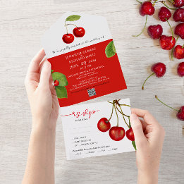Invitation Tout En Un Romantique Rétro Rouge Blanc Cerise Fruits QR Mari