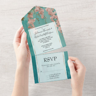 Invitation Tout En Un Romantique Turquoise rose pâle Fleurs Mariage
