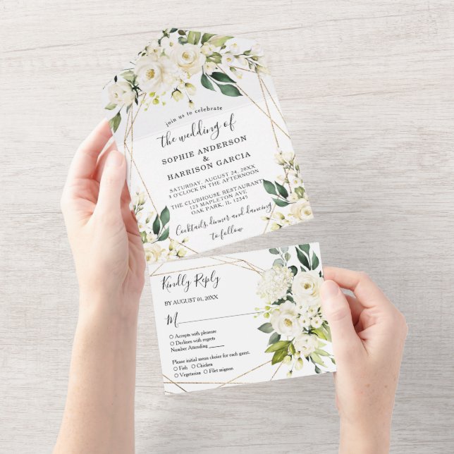 Invitation Tout En Un Rose blanche Hydrangea Élégant Mariage géométrique (Déchirure)