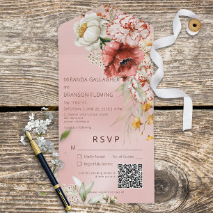 Invitation Tout En Un Rose Blush & Blanc Floral moderne rose QR Code