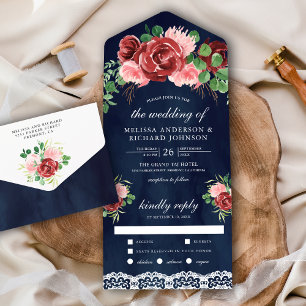 Invitation Tout En Un Rose Burgundy Floral Dentelle Bleu Nuit Mariage
