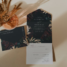Invitation Tout En Un Rose de velours foncé bordeaux | Mariage d'hiver d