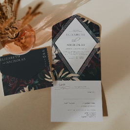 Invitation Tout En Un Rose de velours foncé bordeaux | Mariage d'hiver d