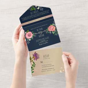 Invitation Tout En Un Rose Doré Fleurs Bleu Marine Photo Mariage