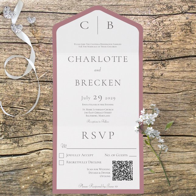 Invitation Tout En Un Rose Dusty et monogramme blanc Code QR minimal (Créateur téléchargé)