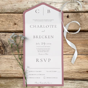 Invitation Tout En Un Rose Dusty & Monogramme Blanc Dîner Minimal