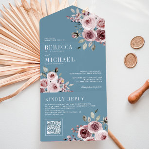 Invitation Tout En Un Rose Floral Code QR Mariage Bleu Poussiéreux Rose