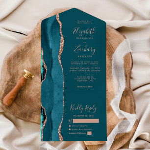 Invitation Tout En Un Rose Gold Agate Bleu Sarcelle Mariage Moderne