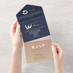 Invitation Tout En Un Rose Gold et Mariage bleu marine