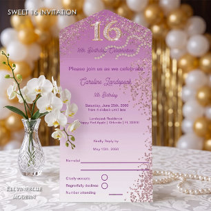 Invitation Tout En Un Rose Gold Pailleté Calligraphie Numéro Sweet 16