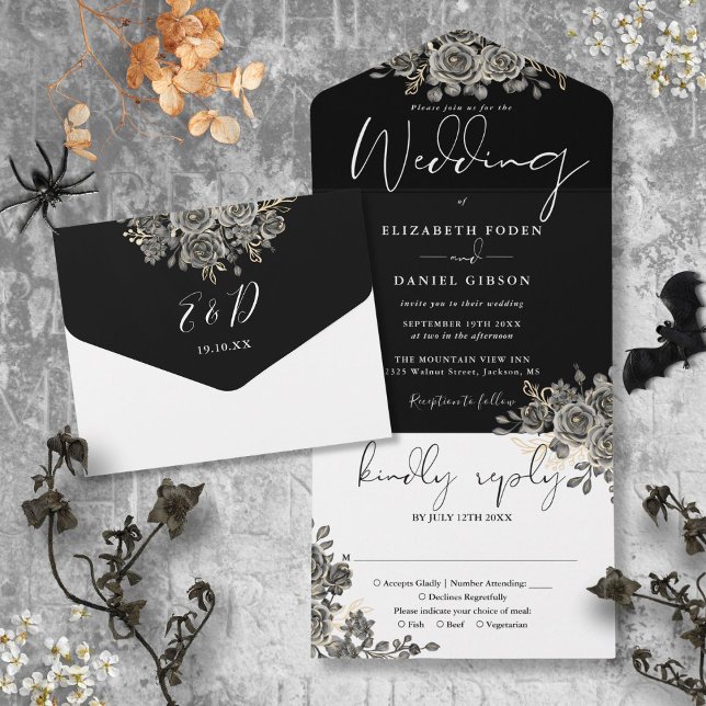Invitation Tout En Un Rose gothique Floral noir et blanc Mariage (Gothic Roses Floral Black And White Wedding All In One Invitation)