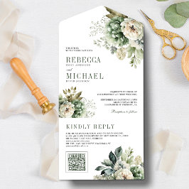 Invitation Tout En Un Rose ivoire Sage vert Floral QR Code Mariage