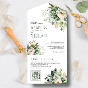 Invitation Tout En Un Rose ivoire Sage vert Floral QR Code Mariage