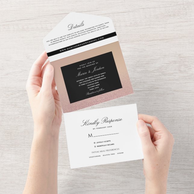 Invitation Tout En Un Rose minimum Gold et Mariage noir (Déchirure)