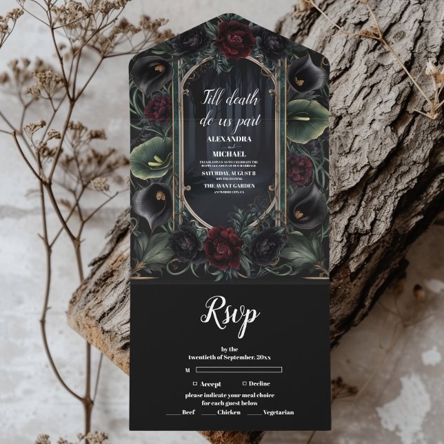Invitation Tout En Un Rose noir Floral Gothique Mariage d'Halloween (Créateur téléchargé)