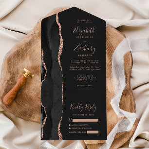 Invitation Tout En Un Rose noir moderne Or Agate Mariage foncé