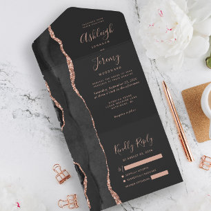 Invitation Tout En Un Rose noir moderne Or Agate Mariage foncé