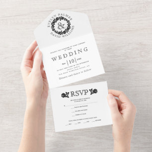 Invitation Tout En Un rose noir vintage couronne sur mariage blanc