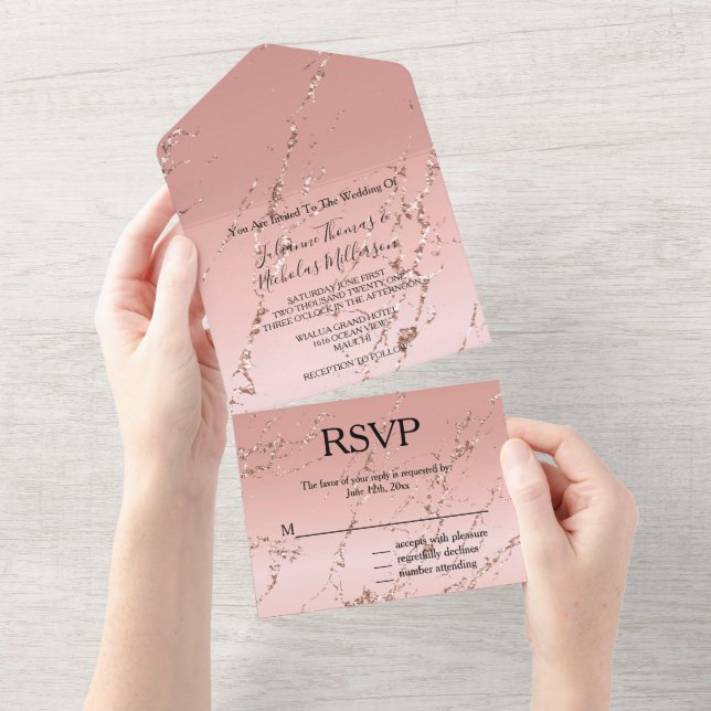 Invitation Tout En Un Rose or marbre Glitzy Parties scintillant Mariage (Déchirure)