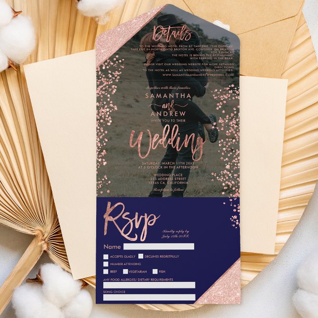Invitation Tout En Un Rose or parties scintillant confetti marine photo  (Créateur téléchargé)