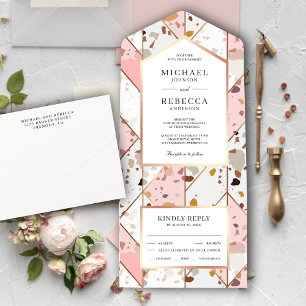Invitation Tout En Un Rose Pâle Terreux Géométrique Mariage Terrazzo