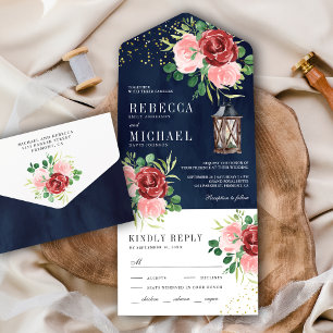 Invitation Tout En Un Rose Pivoine Florale Lanterne Nuit de Noces