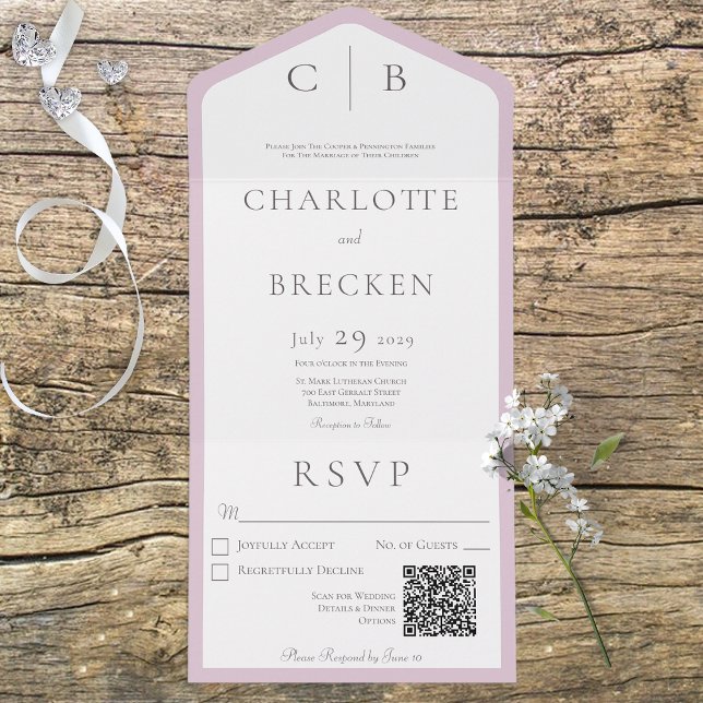 Invitation Tout En Un Rose Poussiéreux & Code QR Minimal Monogramme Blan (Créateur téléchargé)