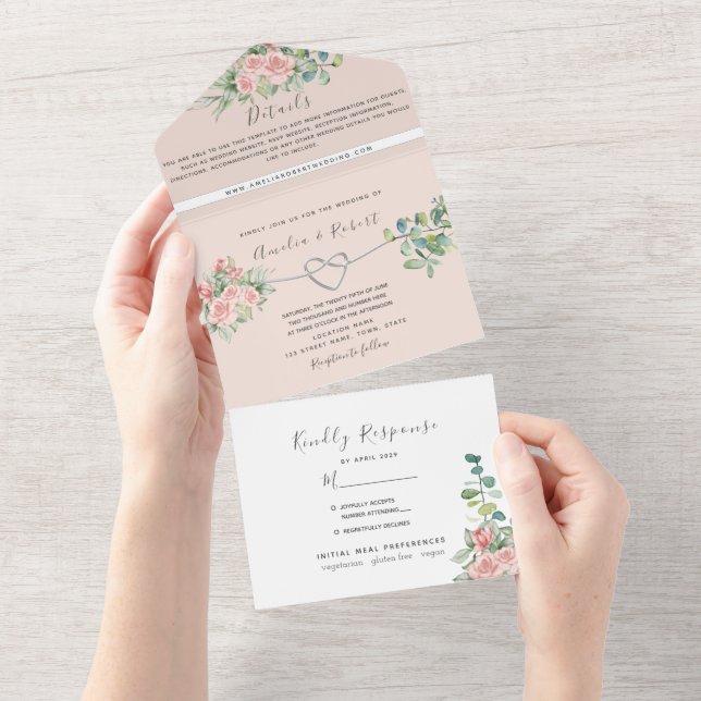 Invitation Tout En Un Rose rose pâle Mariage floral (Déchirure)