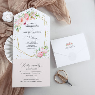 Invitation Tout En Un Rose saumon Pivoine Floral Géométrique Mariage