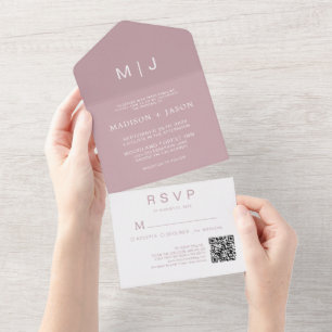 Invitation Tout En Un Rose simple Dusty Monogramme QR Code Mariage