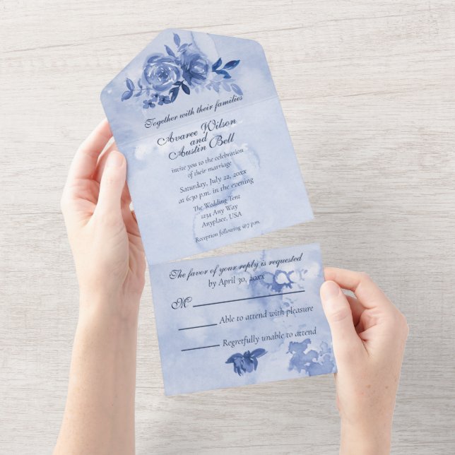 Invitation Tout En Un Roses Aquarelle Bleues  (Déchirure)