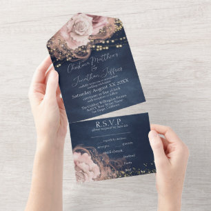 Invitation Tout En Un Roses aquarelles romantiques sur fond marine foncé