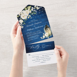 Invitation Tout En Un Roses blanches Mariage Royal Blue Wood