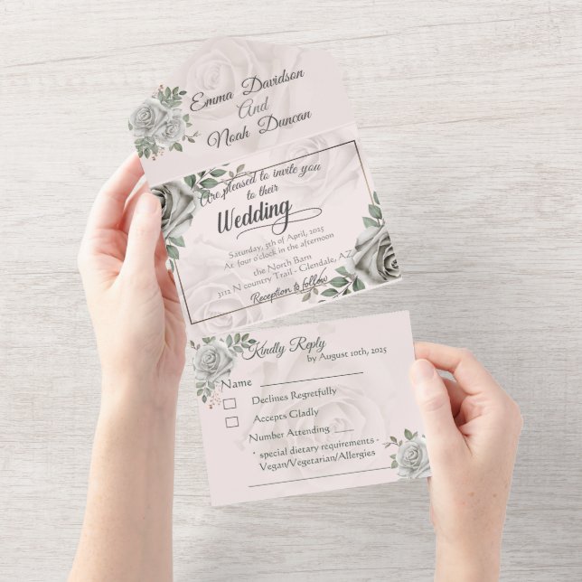 Invitation Tout En Un Roses blanches tout en un et RSVP (Déchirure)