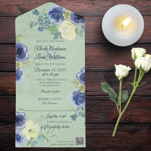 Invitation Tout En Un Roses bleus et ivoire sur Sage Green avec code QR