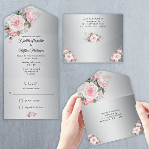 Invitation Tout En Un Roses Boho rose et Mariage d'argent métallique