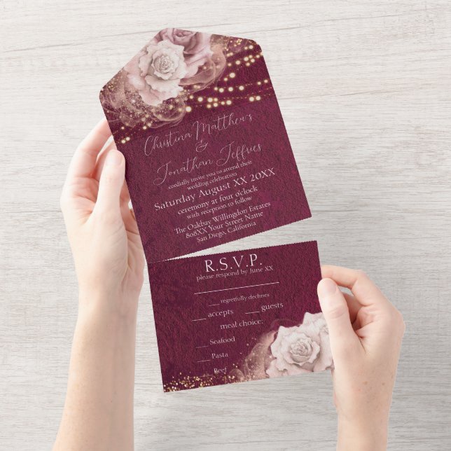 Invitation Tout En Un Roses d'aquarelle romantique en Bourgogne (Déchirure)